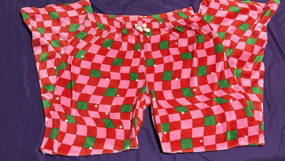 Girls Size 10 Christmas Pink Red Green Checkered Pajama Fleece Soft Pants EUC